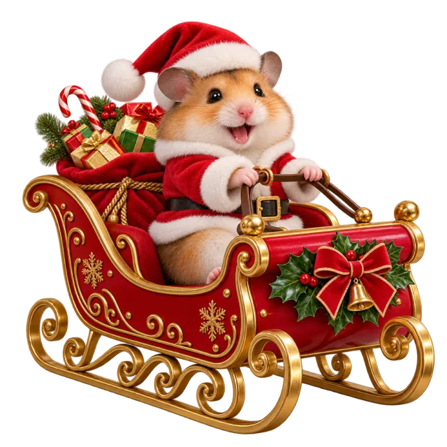 Hamster seated in a red and gold-colored sleigh filled with gifts