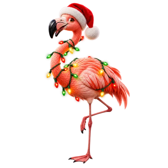 Flamingo in a Santa hat wrapped in colorful lights