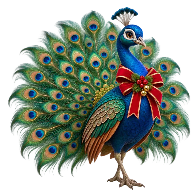 Peacock with a fanned tail and a red festive bow