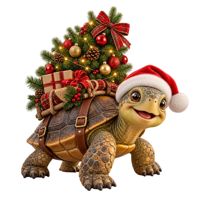 Turtle carrying a decorated fir tree and small gifts