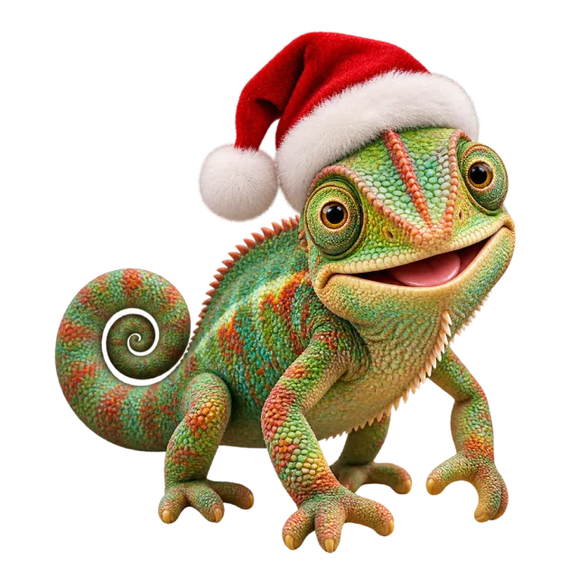 Green chameleon wearing a small red Santa hat