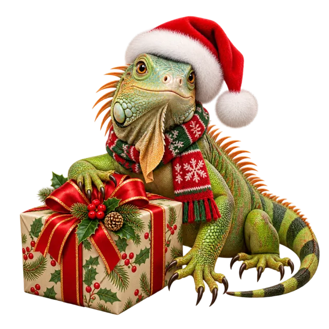 Green iguana in a Santa hat beside a wrapped present