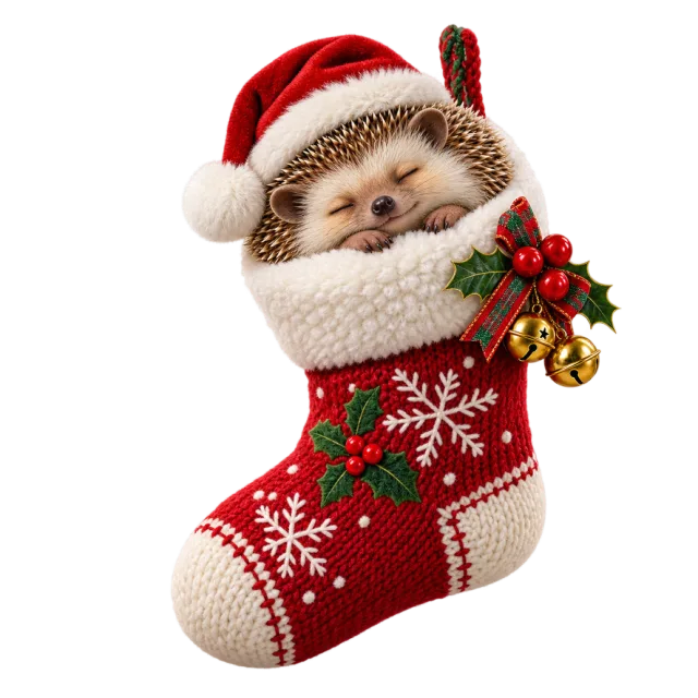 Hedgehog tucked inside a red knitted stocking