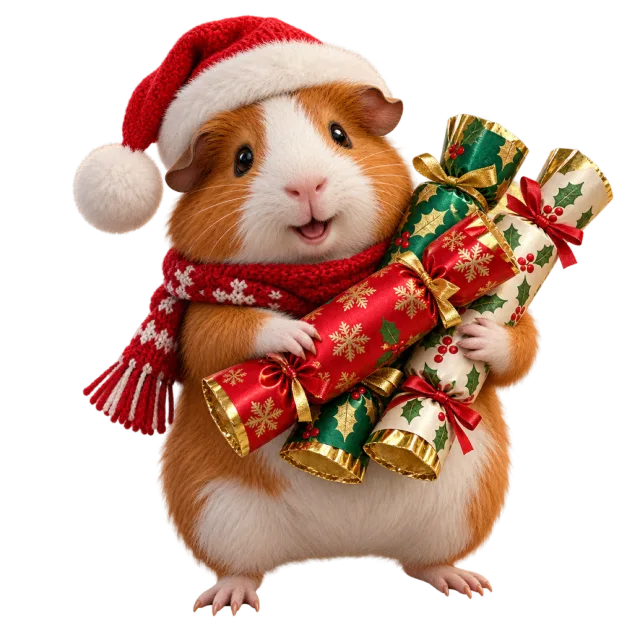 Guinea pig holding a bundle of red and green Christmas crackers