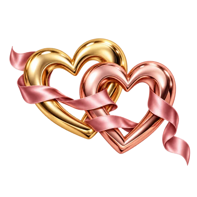 Two intertwined metallic hearts wrapped in a flowing pink ribbon