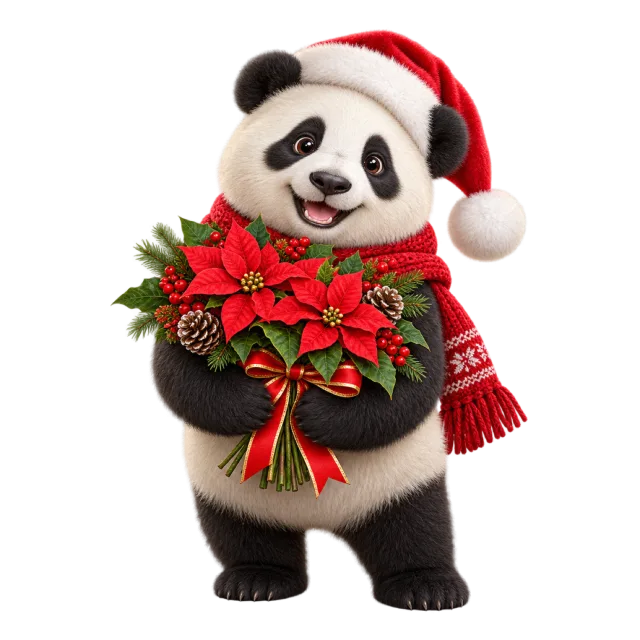 Panda in a Santa hat holding red poinsettias