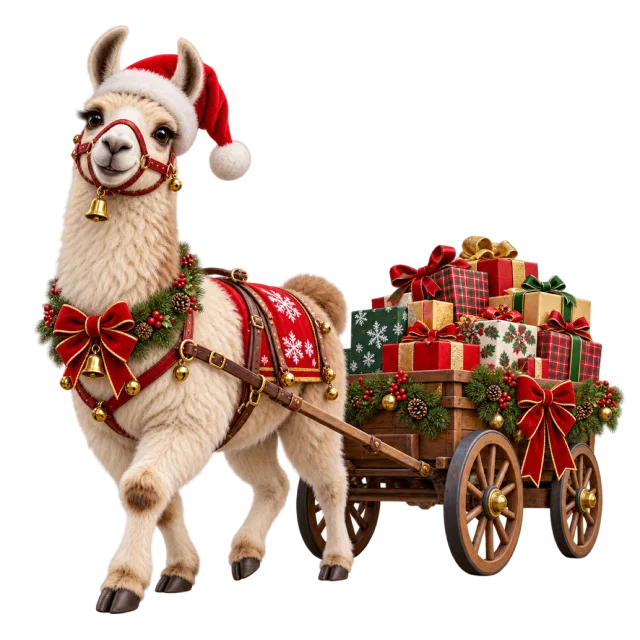 Llama pulling a wooden cart piled with wrapped presents