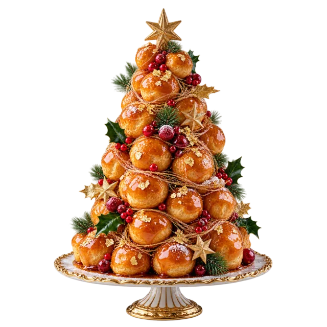 Tower of golden pastries with festive berries and a star topper