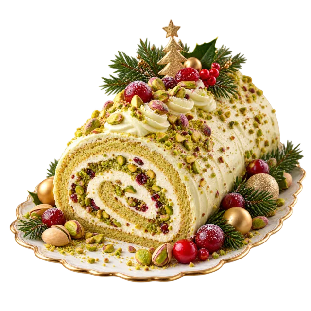 Green-speckled rolled cake with cream filling and festive garnishes