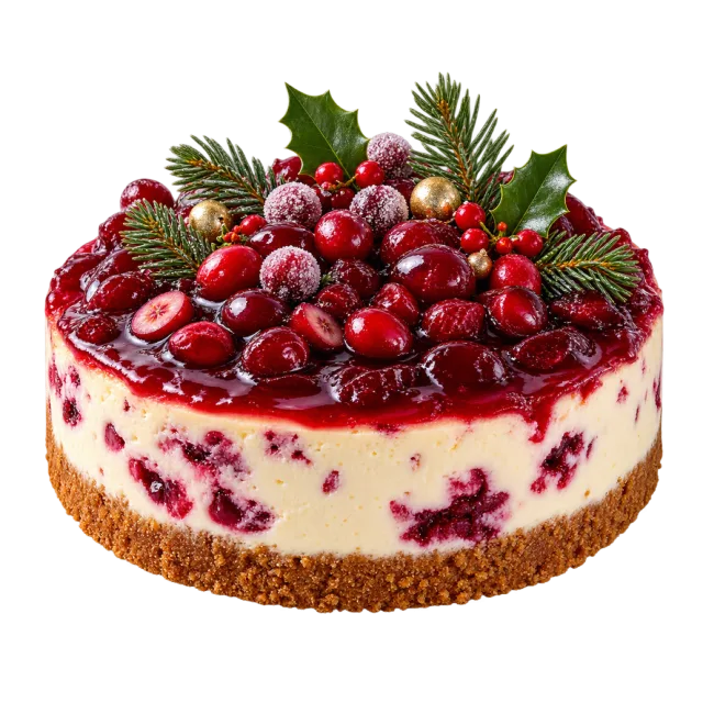 Round cheesecake topped with red berries and greenery