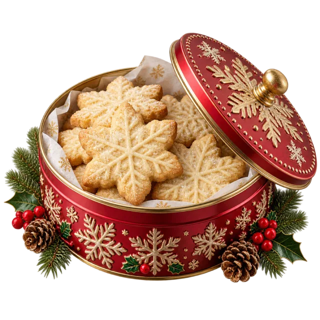 Red decorated tin filled with snowflake-shaped shortbread cookies