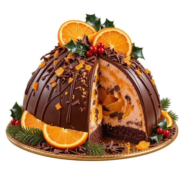 Chocolate-coated dome dessert with orange slices and a cut section