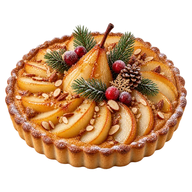 Golden pear tart surrounded by evergreen sprigs and festive berries