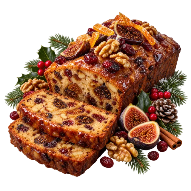 Sliced fruit loaf with figs, walnuts and greenery