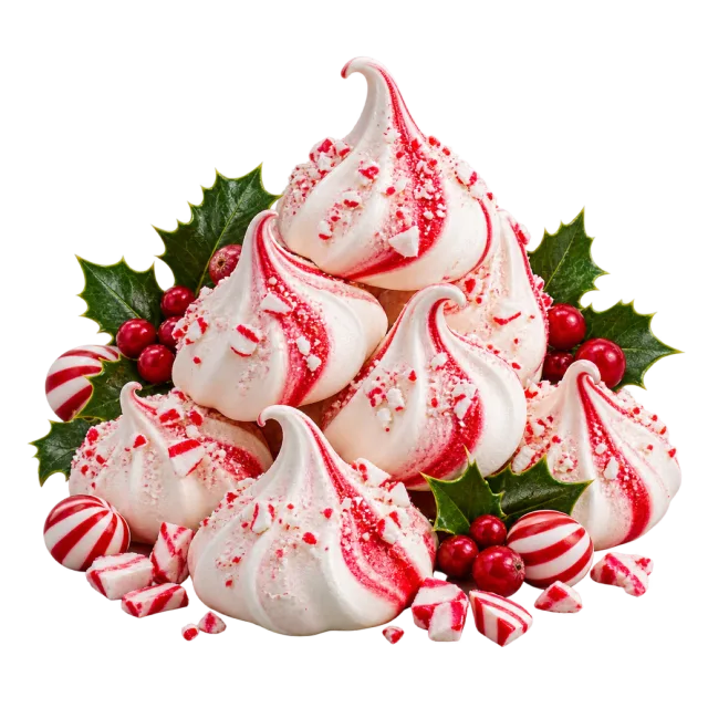 White meringue kisses with pink stripes and crushed candy pieces