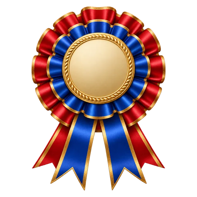A pleated red and blue ribbon rosette with a blank gold center and hanging tails