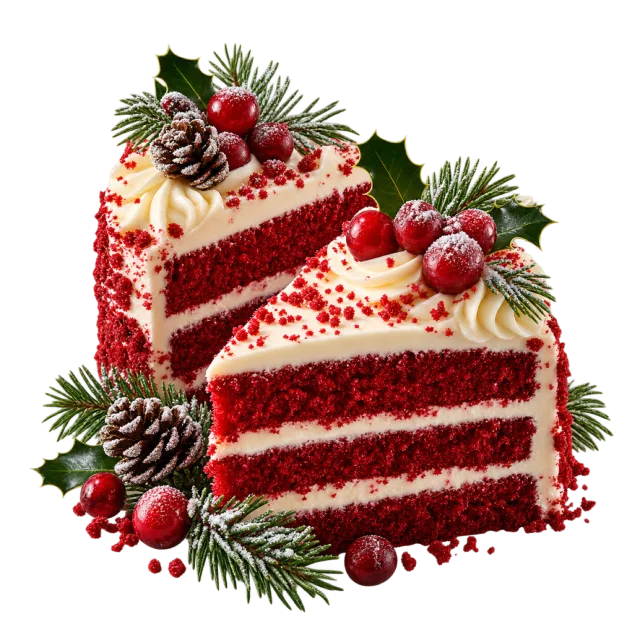 Two red velvet cake slices with white frosting and festive decorations