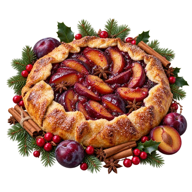 Rustic plum tart with folded golden pastry edges