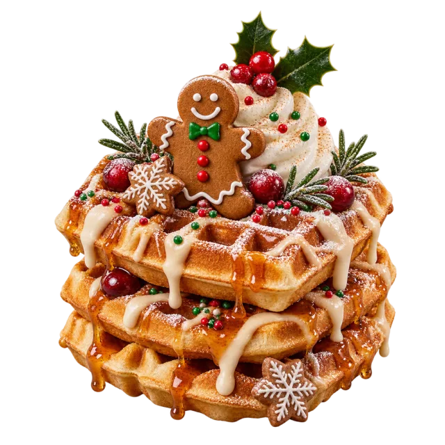 Waffle stack with icing, cream and a gingerbread figure