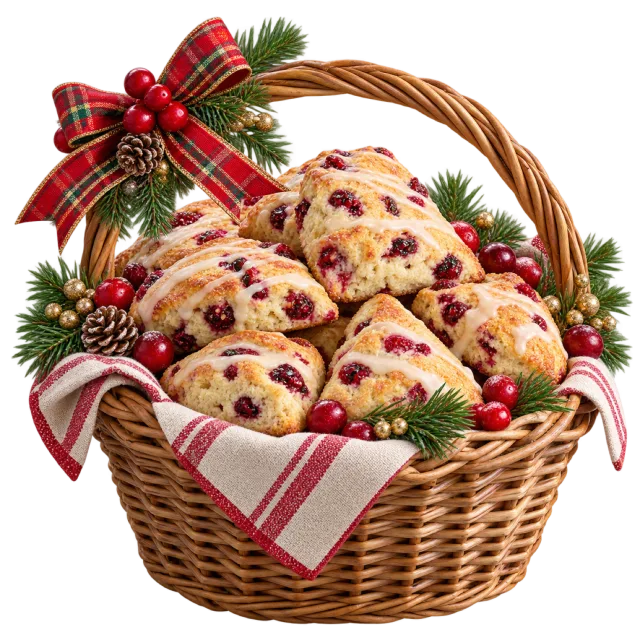 Woven basket of berry scones tied with a tartan ribbon