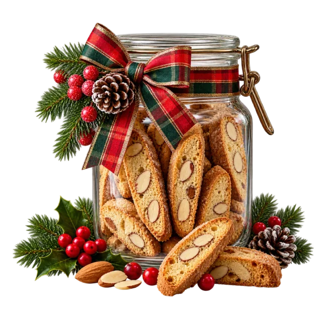 Clear biscotti jar with a plaid bow and evergreen sprigs