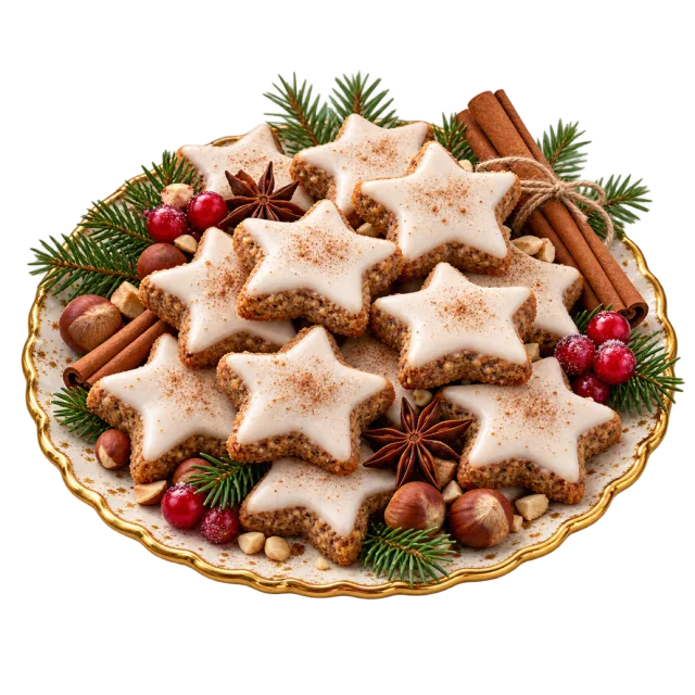 Star-shaped iced cookies on a decorated platter