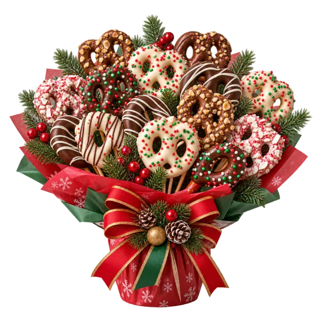 Bouquet of chocolate-coated pretzels wrapped with a red ribbon