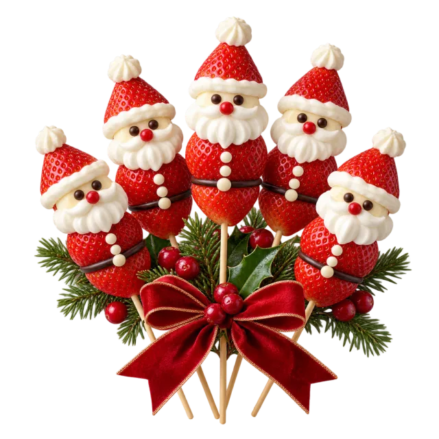 Strawberry Santa sweets arranged on skewers with a red bow