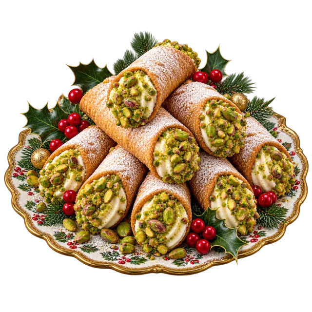 Cannoli with green pistachio-coated ends on a festive tray