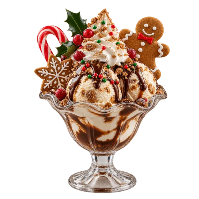 Ice cream sundae with chocolate sauce and gingerbread decorations