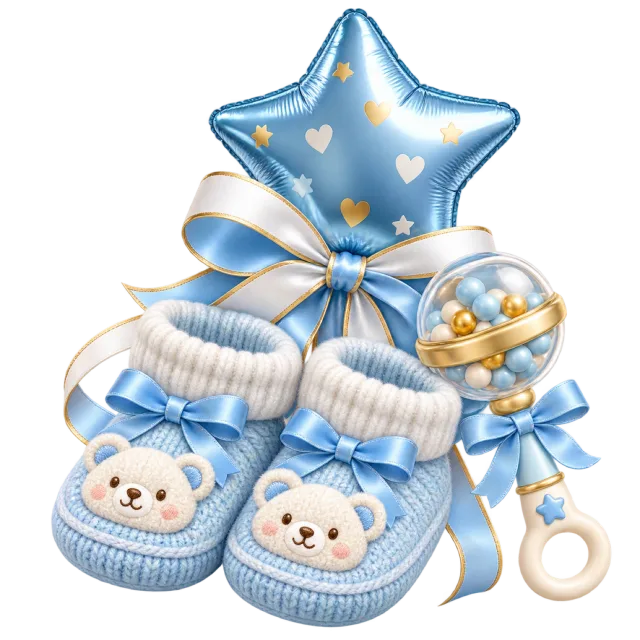 Blue knitted baby booties beside a star balloon, ribbon and rattle
