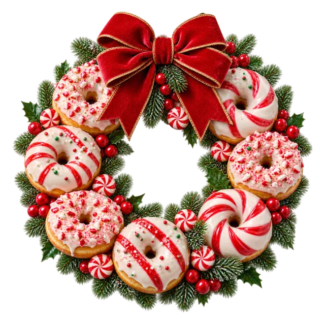 Ring of decorated doughnuts with peppermint candies and a large red bow