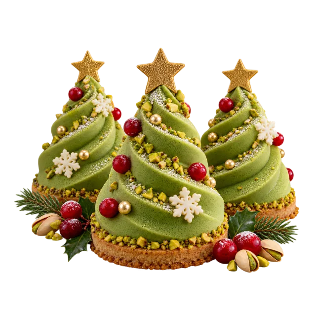 Green tree-shaped desserts topped with golden stars