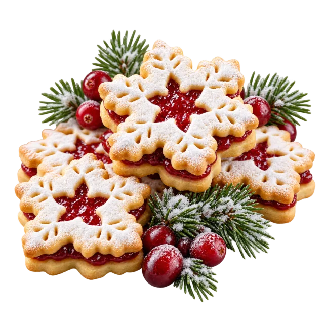Snowflake sandwich cookies with red filling and white sugar