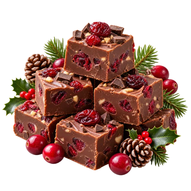 Stacked chocolate fudge cubes with red berries and festive greenery