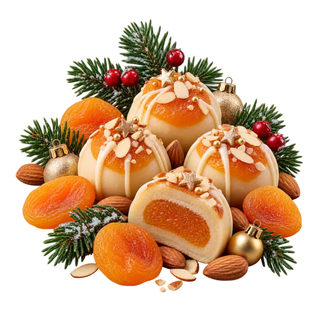 Round orange-colored sweets with one cut open beside apricots and almonds