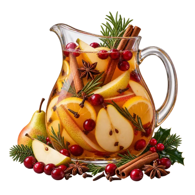 Clear pitcher with pear slices, citrus, berries and cinnamon sticks