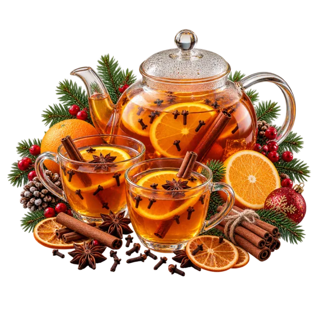 Glass teapot and cups with orange slices, cloves and cinnamon