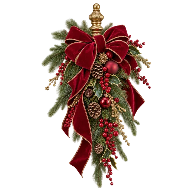 Trailing evergreen swag with a large burgundy bow on a decorative finial