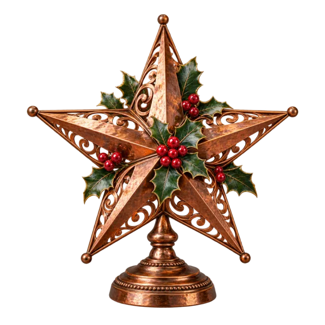 Copper-colored star sculpture with holly on a pedestal