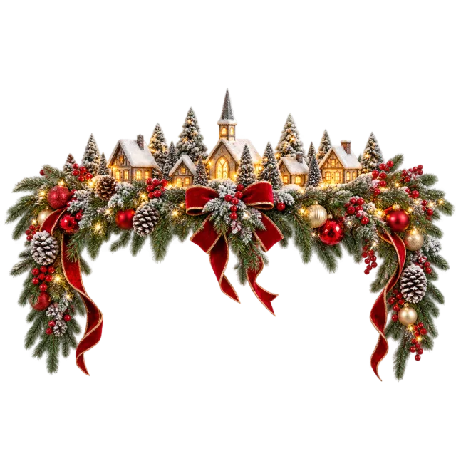 Miniature snowy village above a festive mantel garland