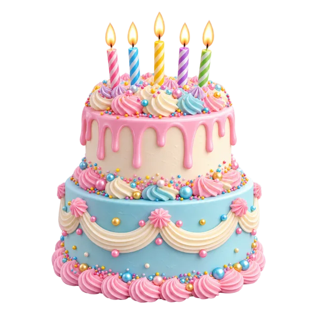 A pink and blue two-tier birthday cake with colorful frosting and lit candles