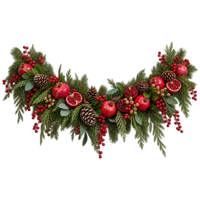 Curved evergreen garland with red pomegranates and pinecones