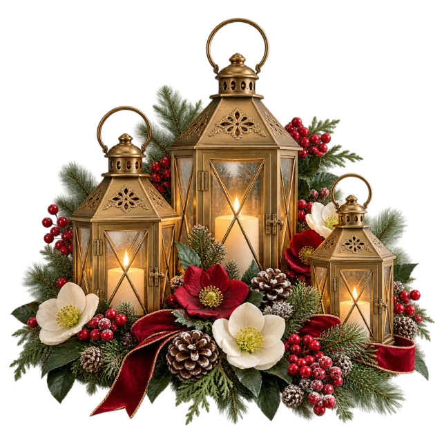 Three glowing golden lanterns surrounded by pale roses and greenery