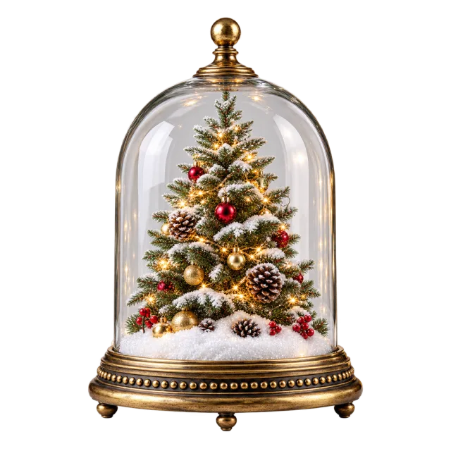 Small decorated snowy fir tree beneath a clear glass cloche