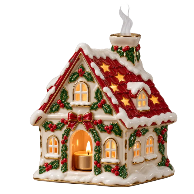 Snowy miniature house with holly and smoke curling from its chimney