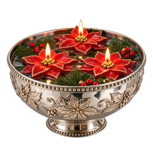 Silver-colored bowl with three floating red flower-shaped candles