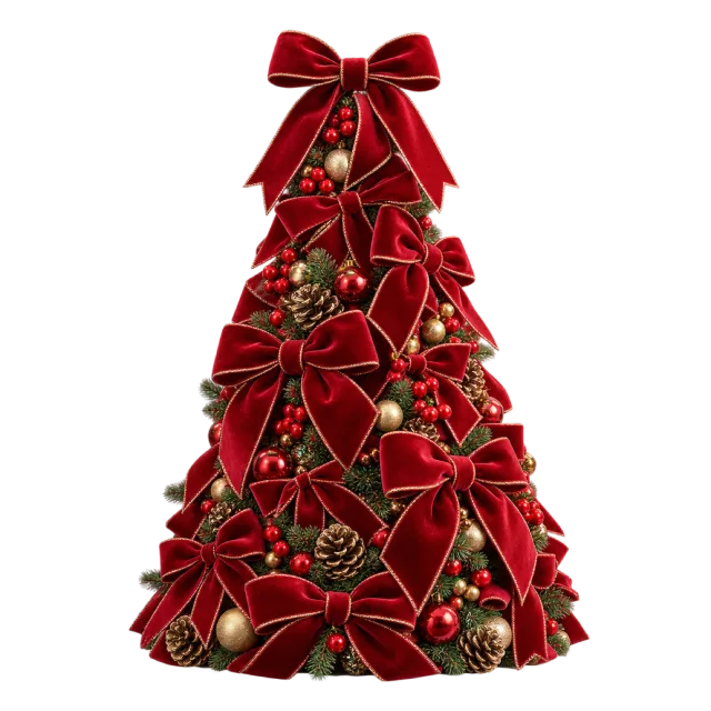 Cone-shaped decoration covered with burgundy bows and baubles