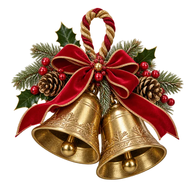 Two golden bells on a braided loop beneath a red bow