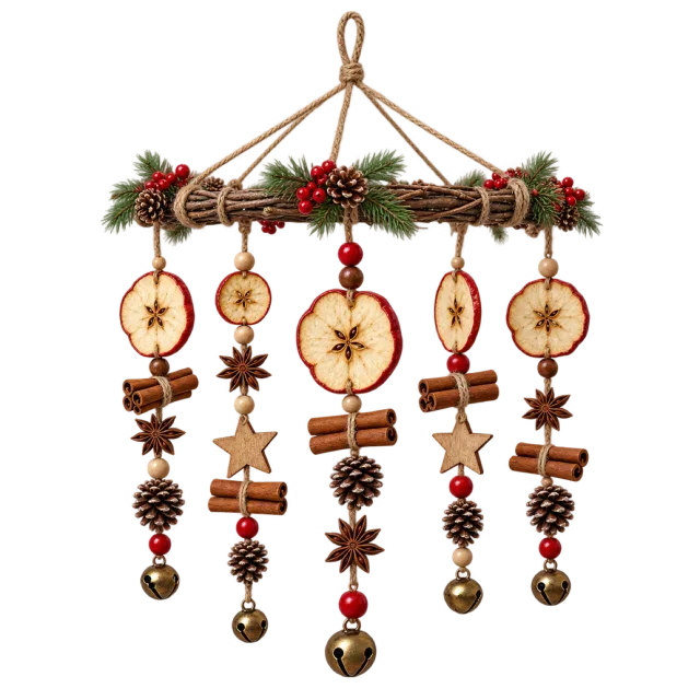 Hanging mobile of dried apple slices, cinnamon and small stars